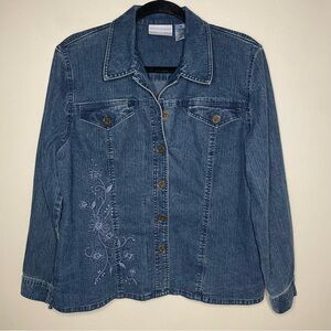 Alfred Dunner Petite Embroidered Denim Jacket Blue Button Front 10P